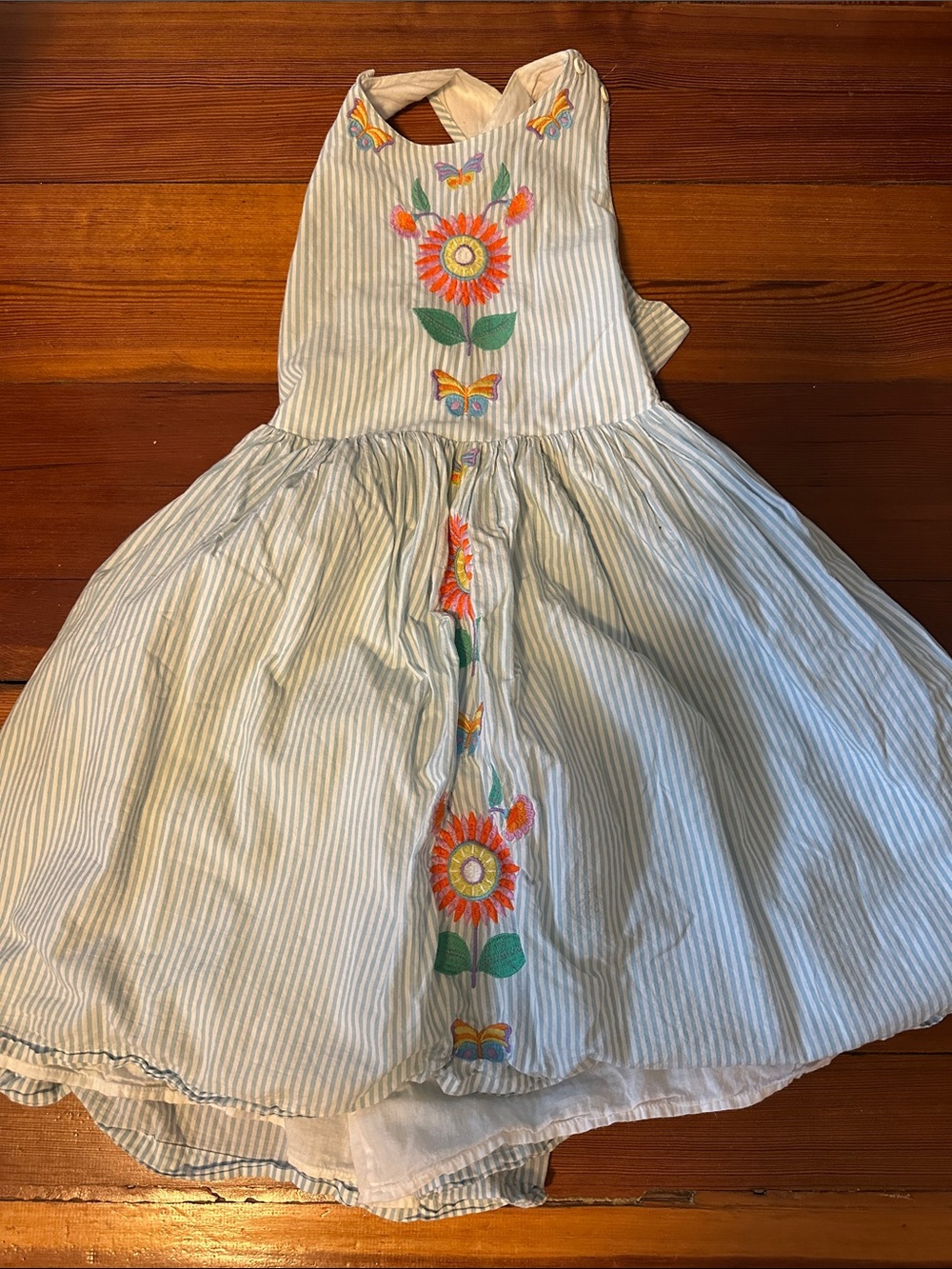 Mini Boden Blue & White Striped Dress with Orange Floral Embroidery